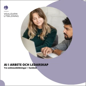AI i arbete och ledarskap – tre onlineutbildningar + fackbok. Två personer arbetar tillsammans vid en dator.